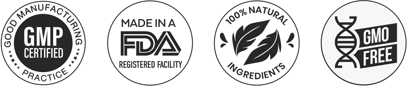 GMP Certified · FDA Registered Facility · 100% Natural Ingredients · GMO Free